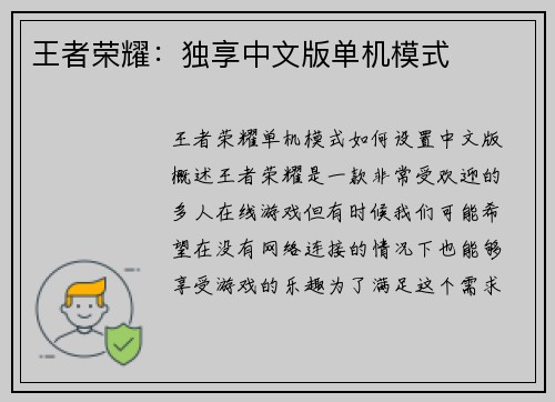 王者荣耀：独享中文版单机模式